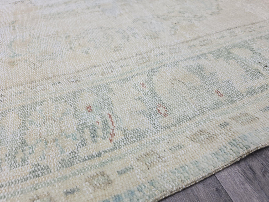 Vintage Oushak Rug 6x9: Hand-Knotted Turkish Wool Rug, Cream & Mint