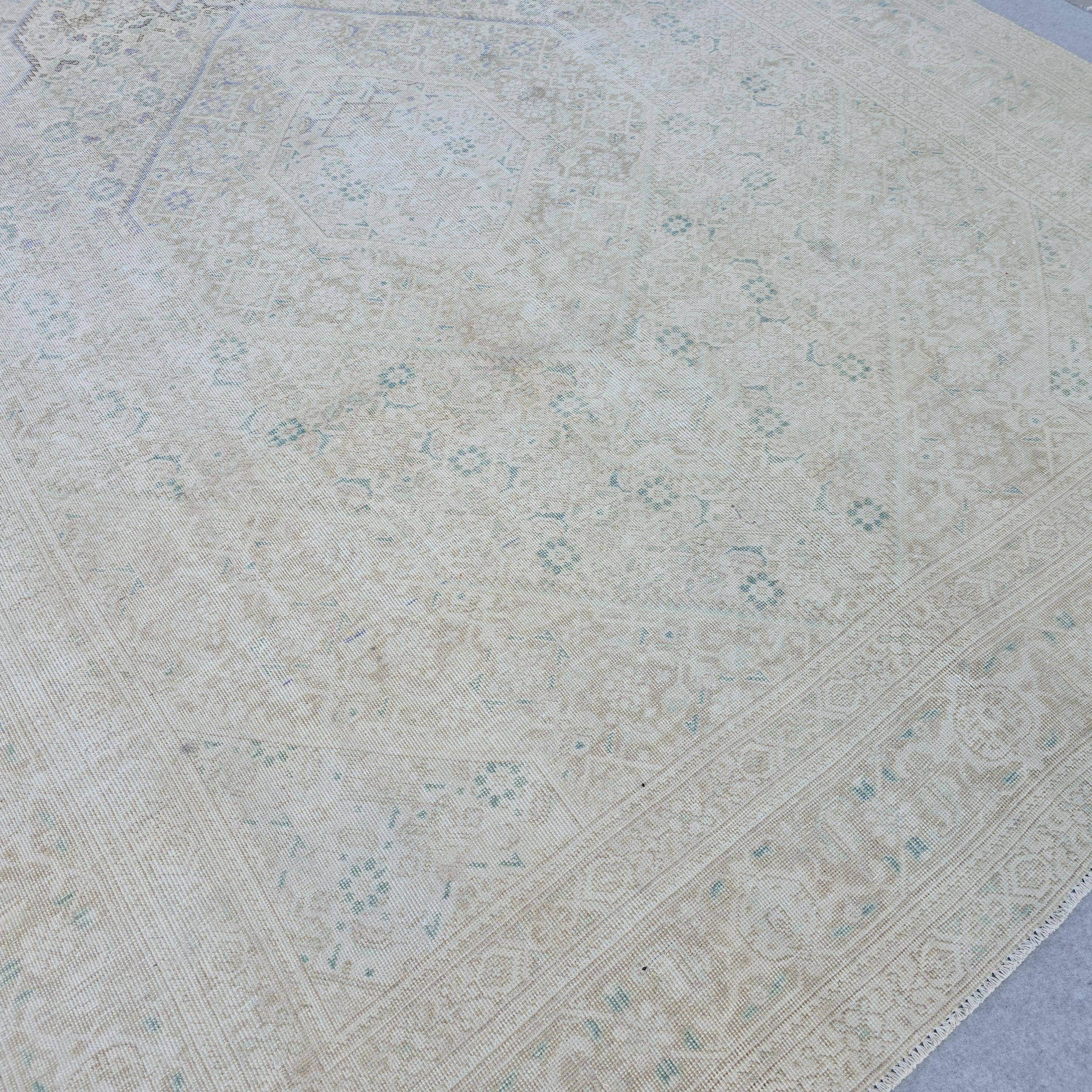 Vintage Turkish Hand-Knotted Rug: Muted Beige, Blue & Sage Geometric Carpet