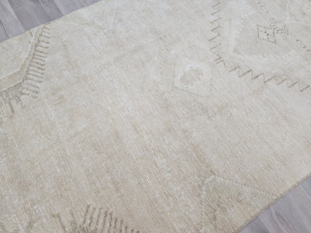 Hand Knotted Wool Turkish Runner Rug: Beige Brown Oushak, 4x12.5 ft