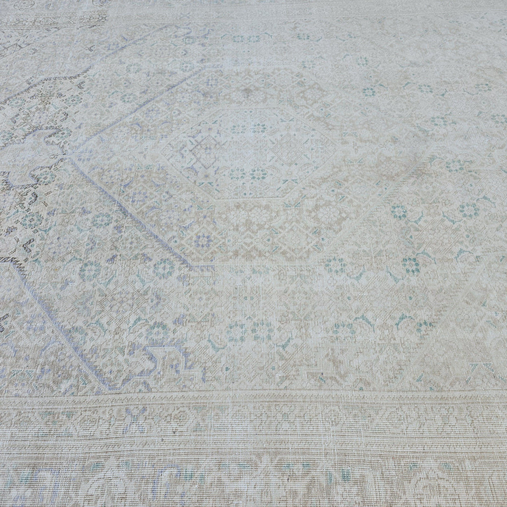 Vintage Turkish Hand-Knotted Rug: Muted Beige, Blue & Sage Geometric Carpet