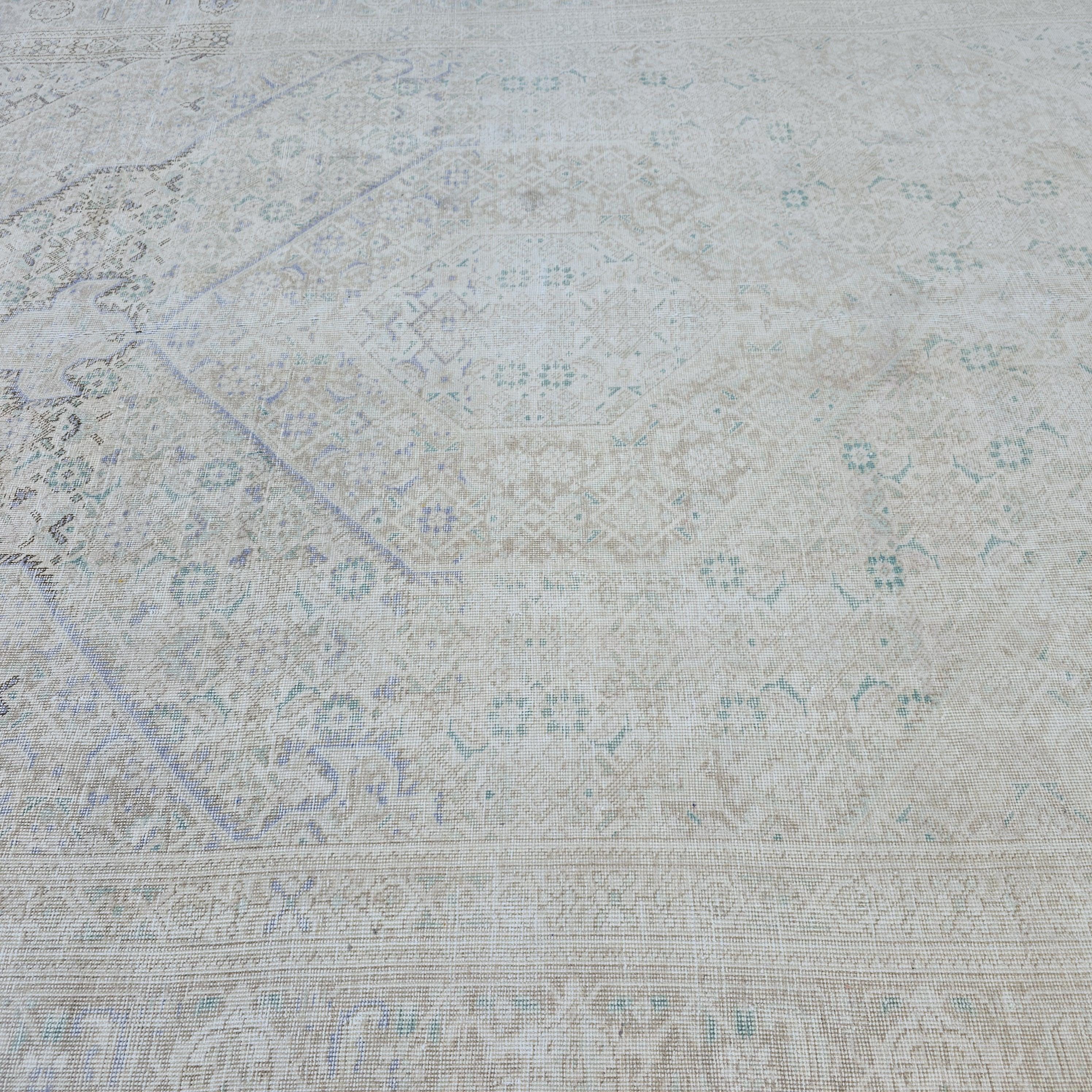 Vintage Turkish Hand-Knotted Rug: Muted Beige, Blue & Sage Geometric Carpet