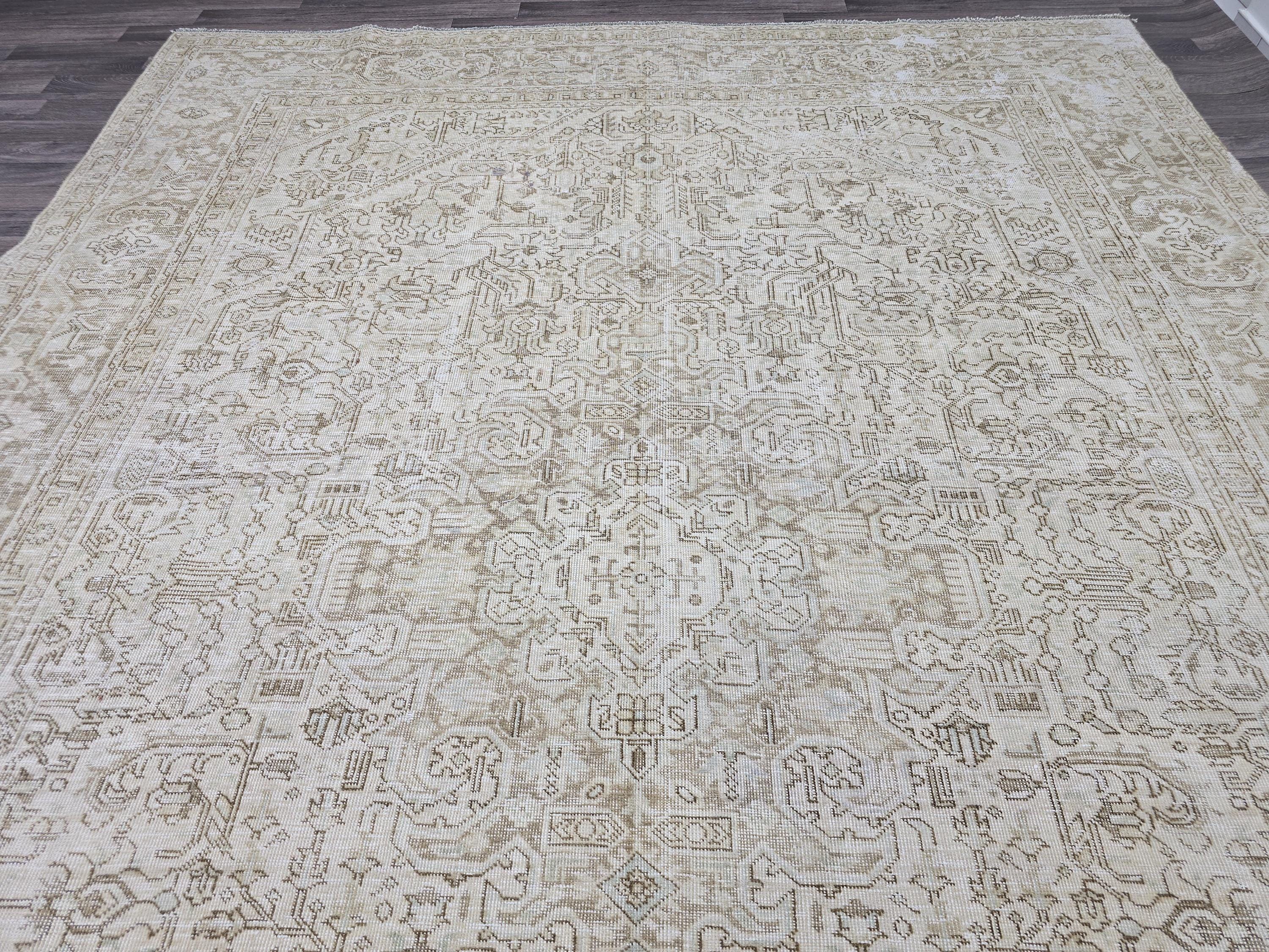 9x12 Oversize Vintage Area Rug/ Hand Knotted Wool Oushak Rug/ Beige Cream Turkish Rug/ Large Neutral Area Rug Geometric