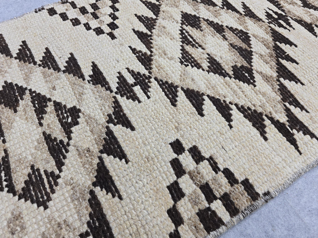 Oushak Runner 2x14, Hand Knotted Vintage Wool Extra Long Hallway Runner rug, Cream Brown Diamond Tribal Anatolian Runner, Boho runner