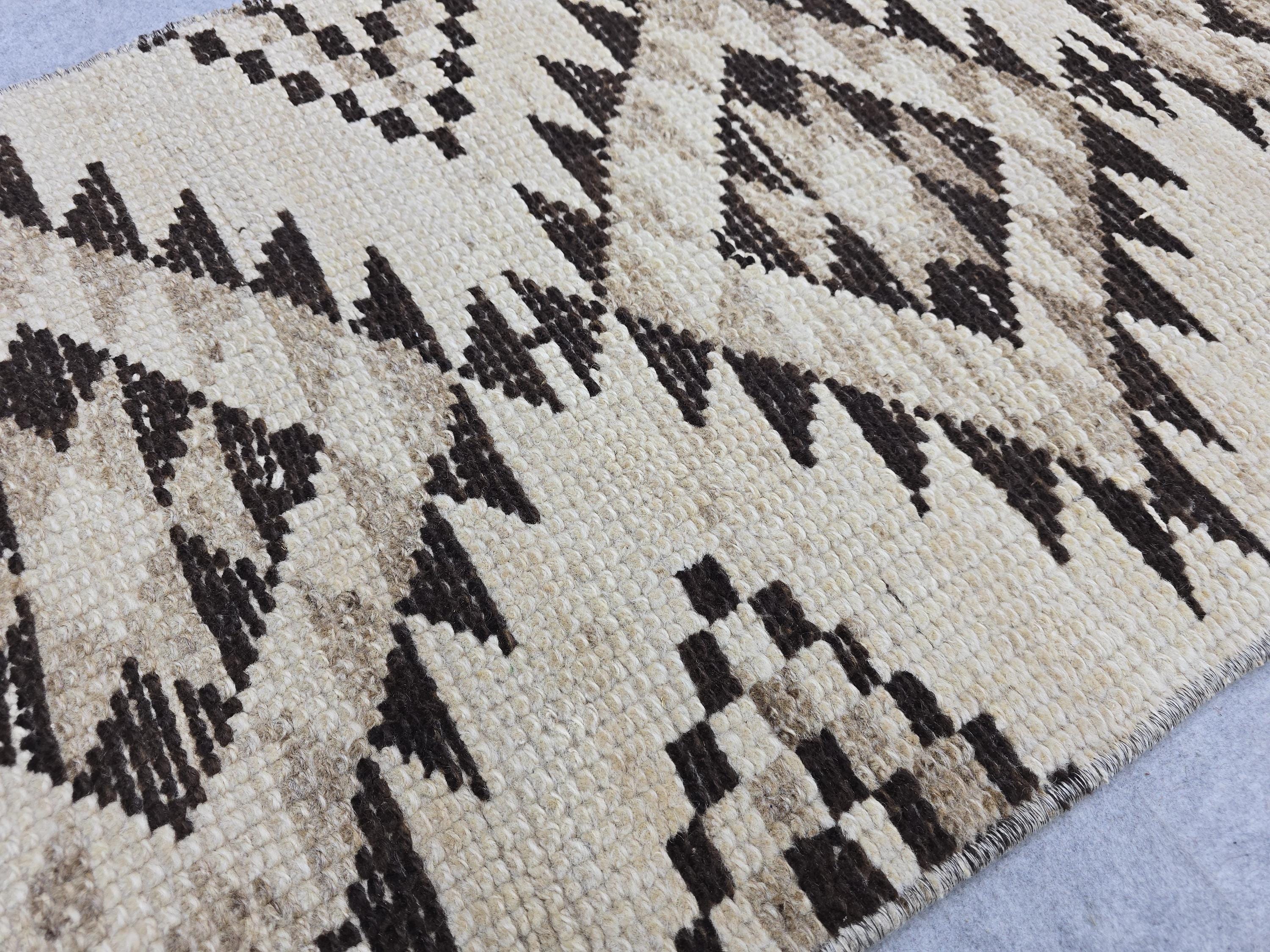 Oushak Runner 2x14, Hand Knotted Vintage Wool Extra Long Hallway Runner rug, Cream Brown Diamond Tribal Anatolian Runner, Boho runner