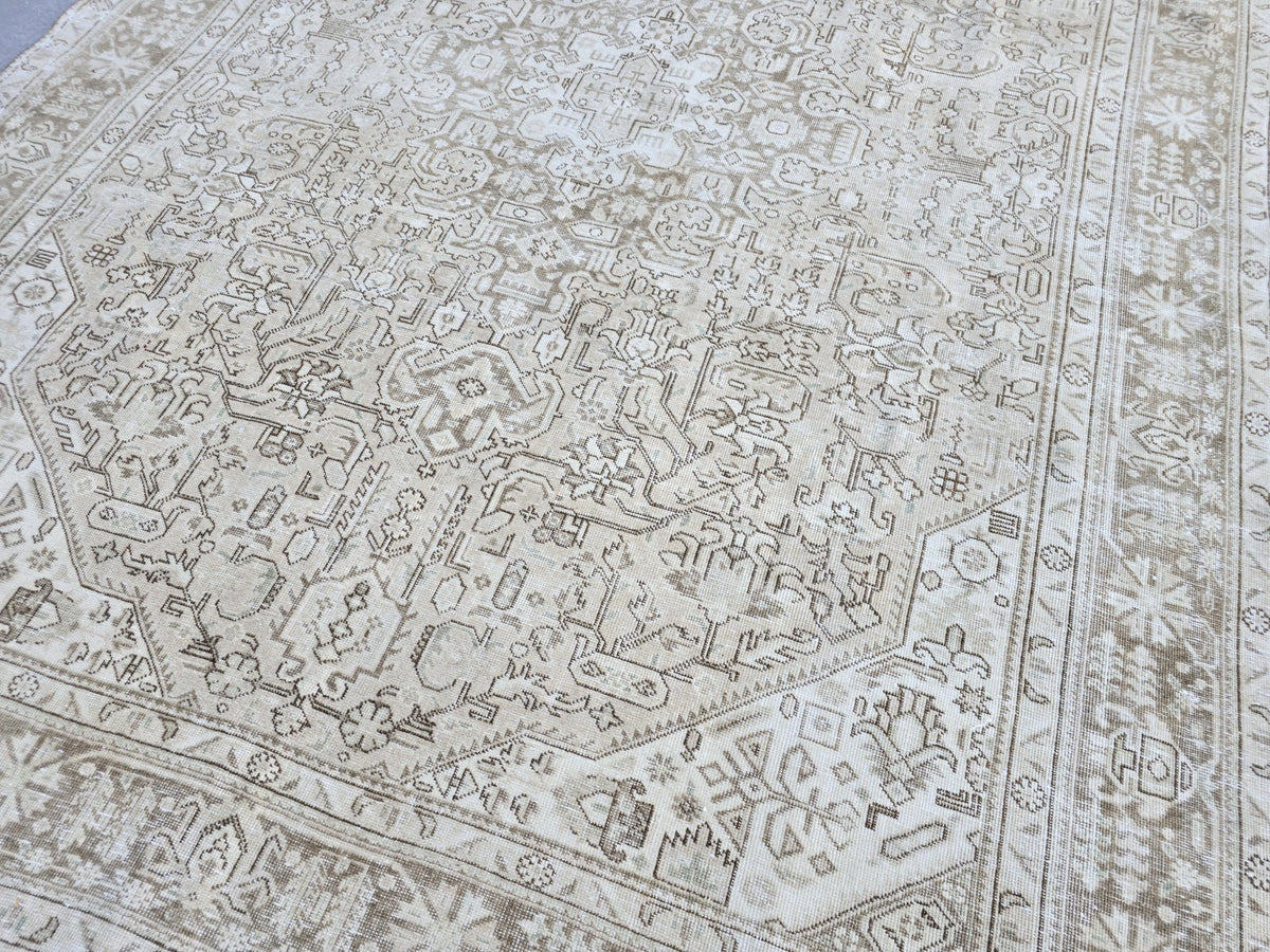 Vintage Rug 8x11, Turkish Area Rug, Warm Beige Wool Rug, Hand Knotted Medallion Rug, Faded Tan Living Room Rug, Boho Farmhouse