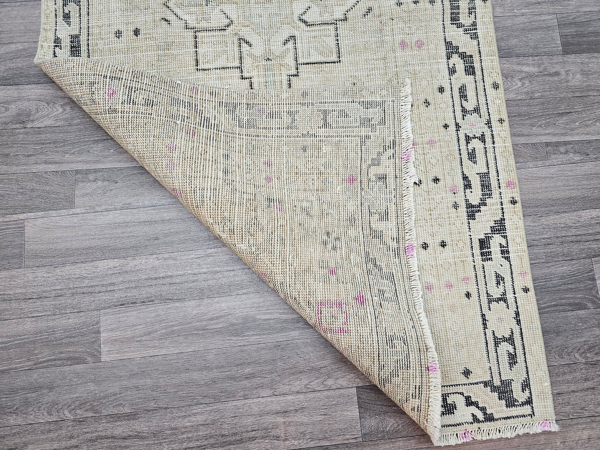 Vintage Turkish Oushak Wool Runner Rug: 3x12 Neutral Hallway Carpet