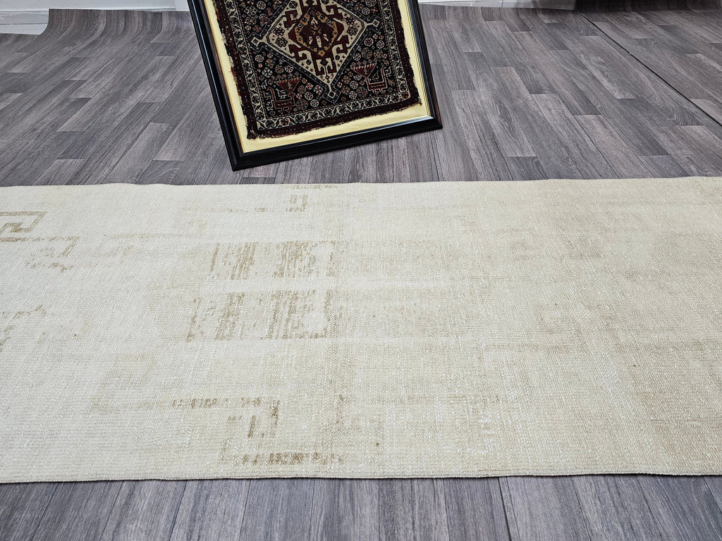 Hand-Knotted Wool Runner: Beige Cream Brown Antique Hallway Rug