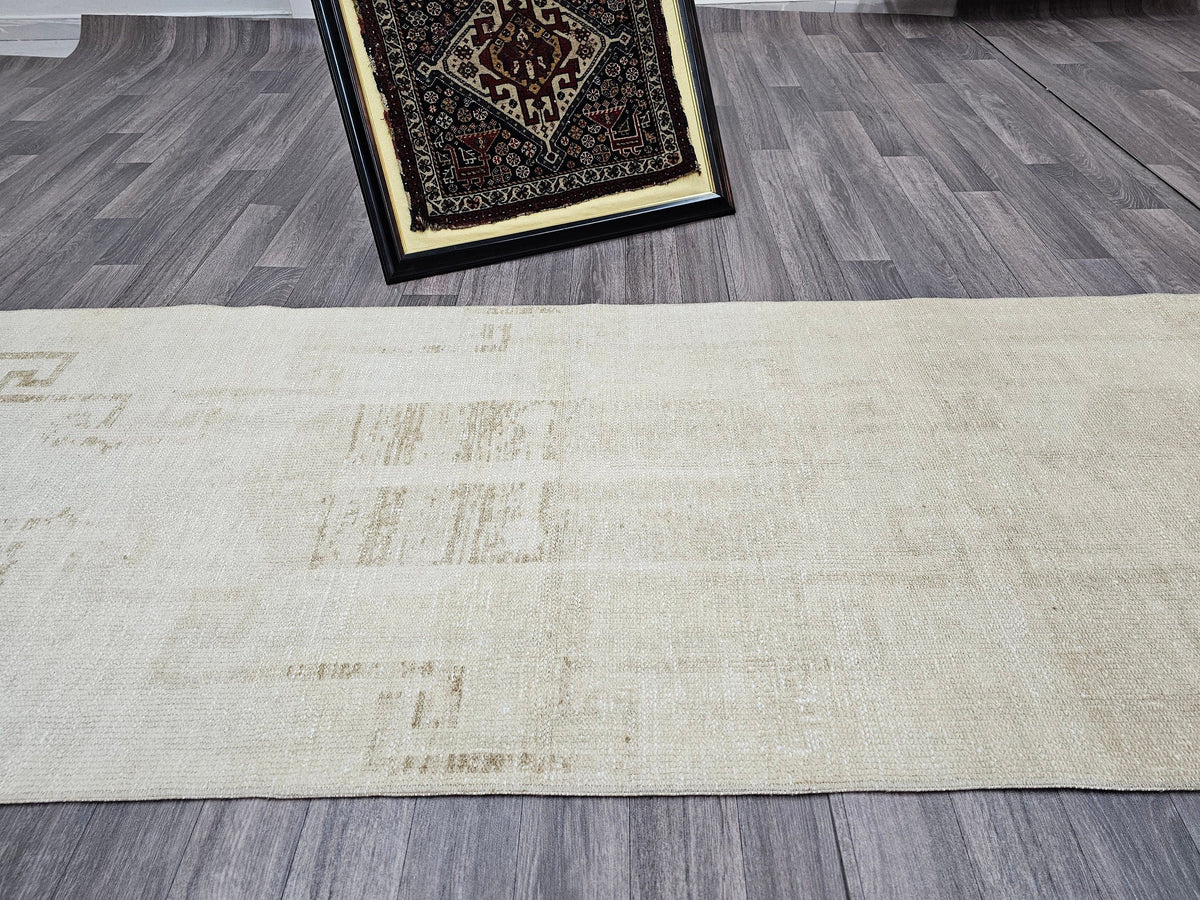 Hand-Knotted Wool Runner: Beige Cream Brown Antique Hallway Rug