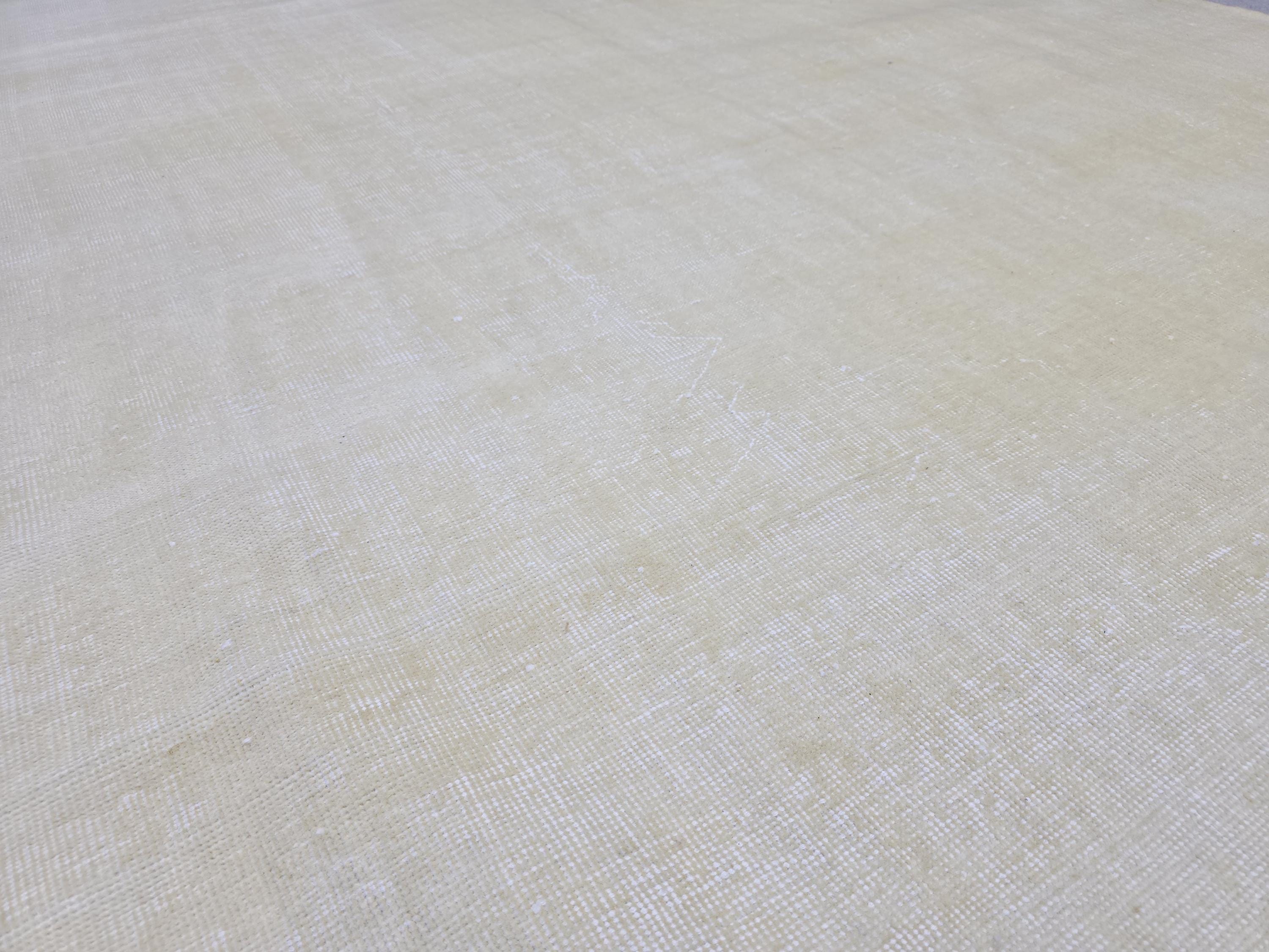 Hand-Knotted Wool Oushak Rug 7x10: Cream Beige Vintage Turkish Rug