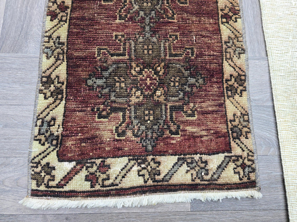 Vintage Turkish Wool Rug 2x3: Brown Beige Oushak Medallion Entry Mat