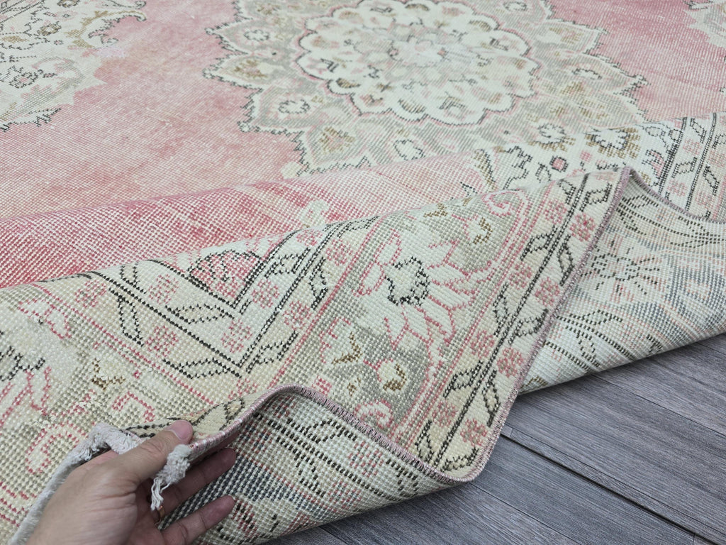 Pink Turkish Rug 7x11 Vintage Oushak Area Rug Distressed Medallion Living Room Large Carpet