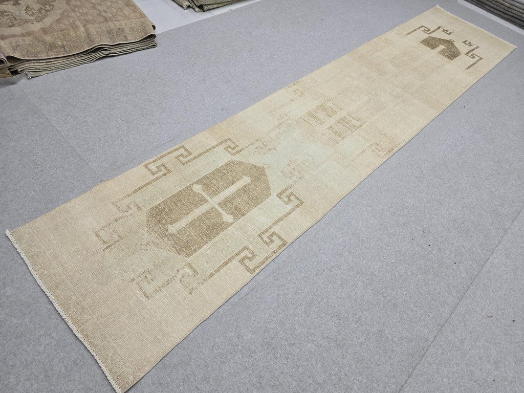 Oushak Rug 3x13, Minimalist Neutral Runner, Hand Knotted Wool Turkish Runner, Faded Oatmeal Hallway Rug, Vintage Boho Stair Carpet
