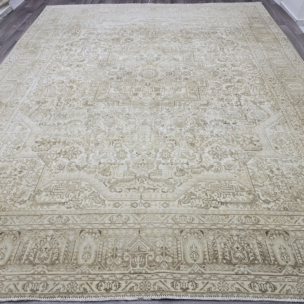 9x12 Hand-Knotted Oushak Rug: Neutral Distressed Vintage Turkish Carpet