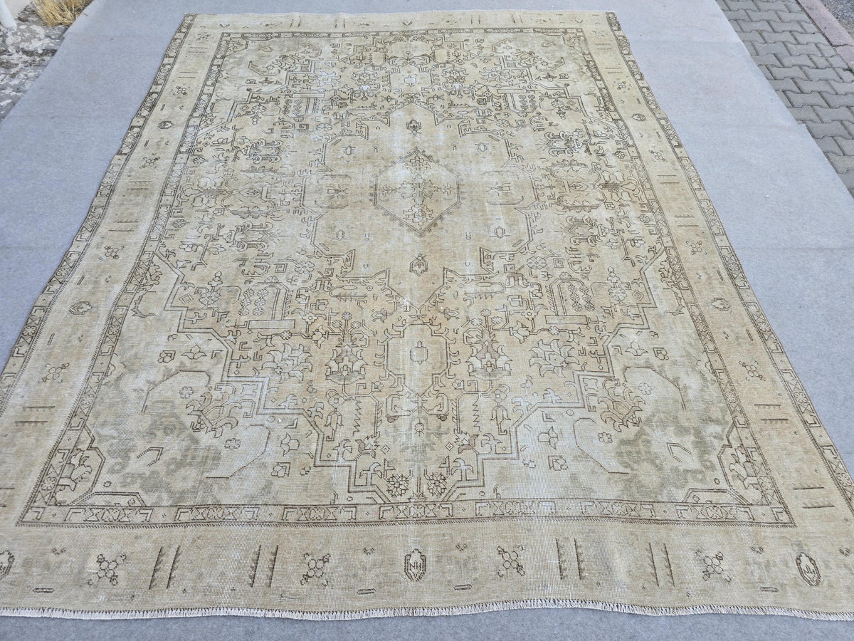 Turkish Rug 9x12 · Distressed Neutral Camel Beige Wool Area Rug · Faded Hand Knotted Vintage Oushak Carpet  · Living Room Boho Decor