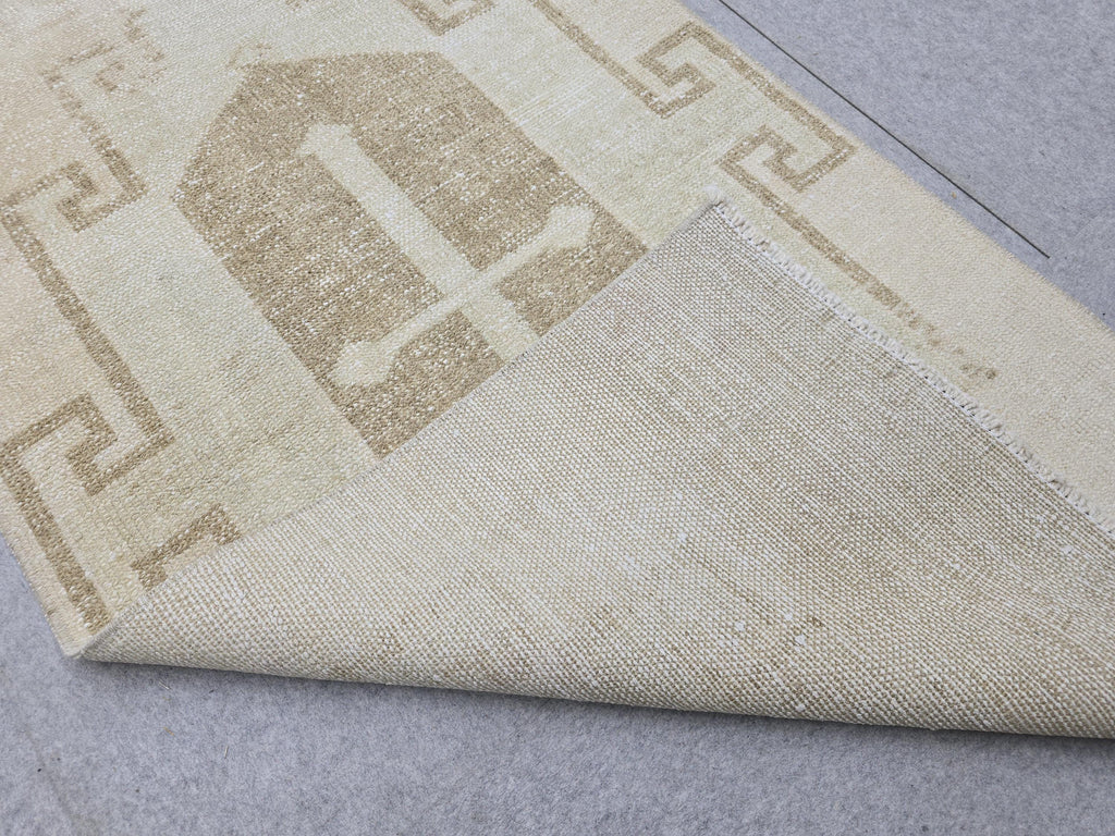 Oushak Rug 3x13, Minimalist Neutral Runner, Hand Knotted Wool Turkish Runner, Faded Oatmeal Hallway Rug, Vintage Boho Stair Carpet