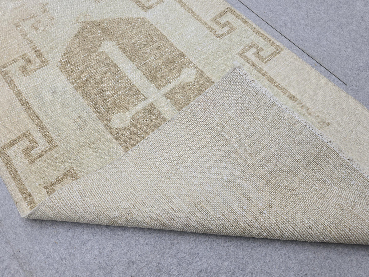 Oushak Rug 3x13, Minimalist Neutral Runner, Hand Knotted Wool Turkish Runner, Faded Oatmeal Hallway Rug, Vintage Boho Stair Carpet