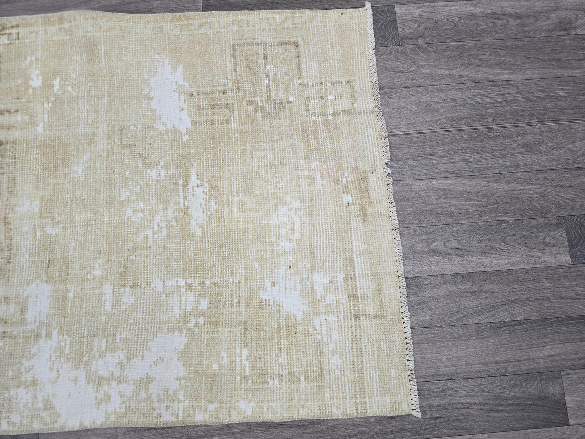 3x4 Neutral Oushak Turkish doormat, wool Vintage Bathmat, Small Turkish Rug