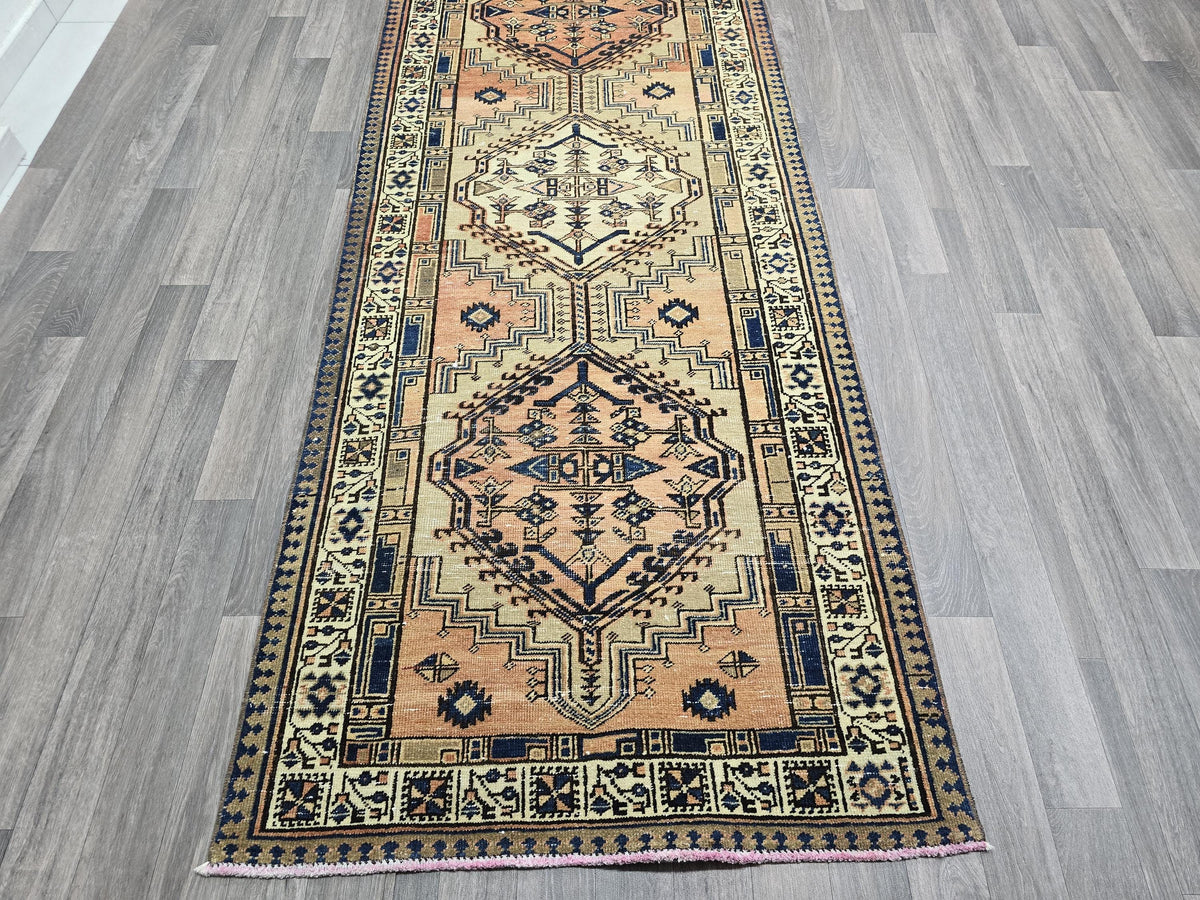 Vintage Heriz Wool Runner: Hand-Knotted Pastel Oushak Rug (3.40x13.30 ft)