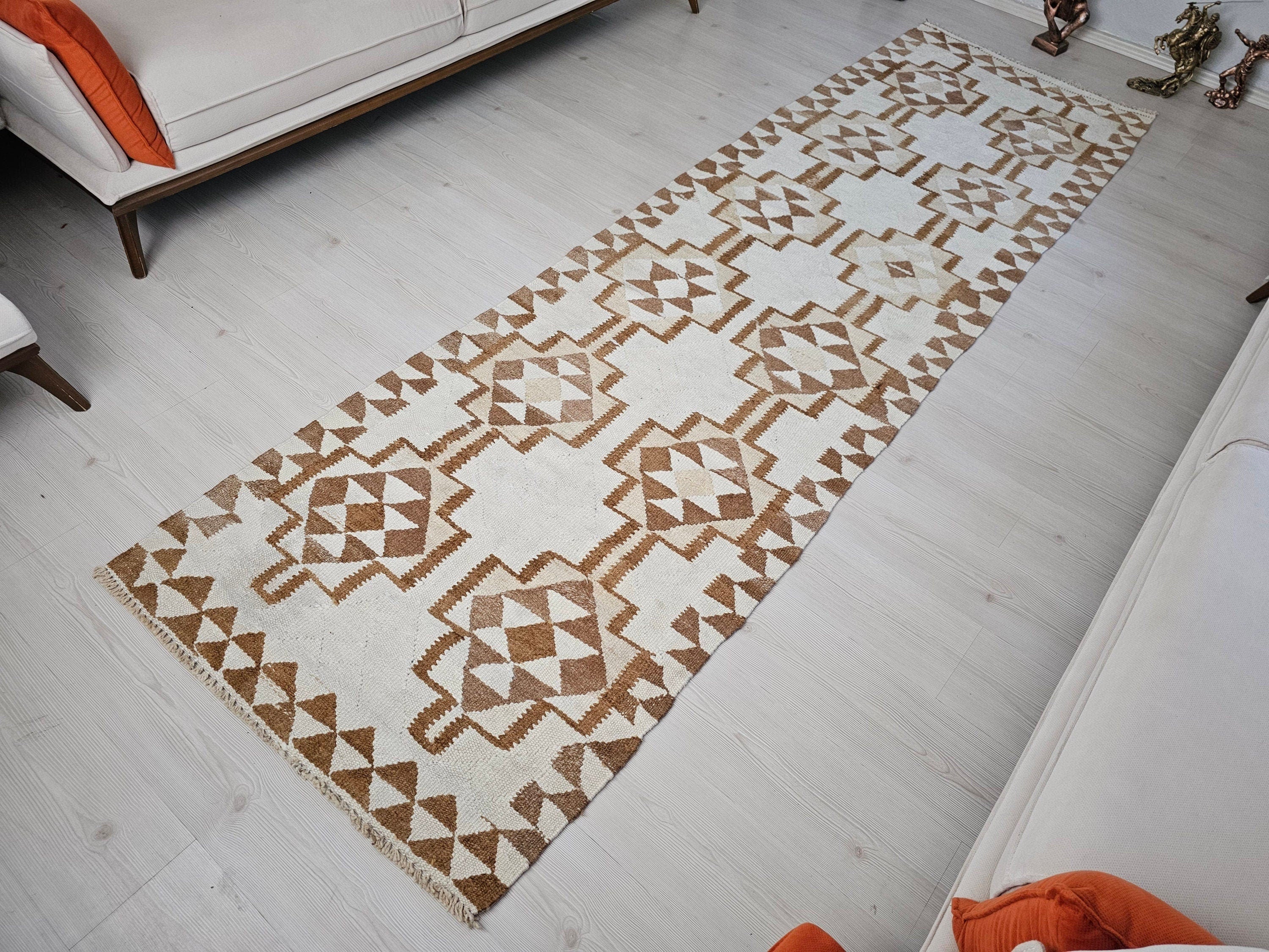 Vintage Turkish Oushak Runner Rug: Neutral Geometric Wool Hallway Rug (3.10x10.70 feet)