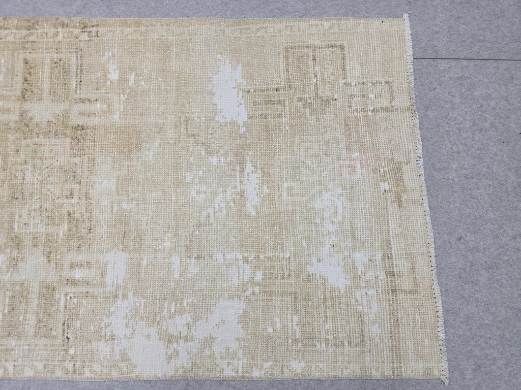 Vintage Rug 3x4, Small Distressed Neutral Rug, Hand Knotted Wool Oushak Accent Rug, Faded Beige Kitchen Mat, Boho Entryway Door Rug