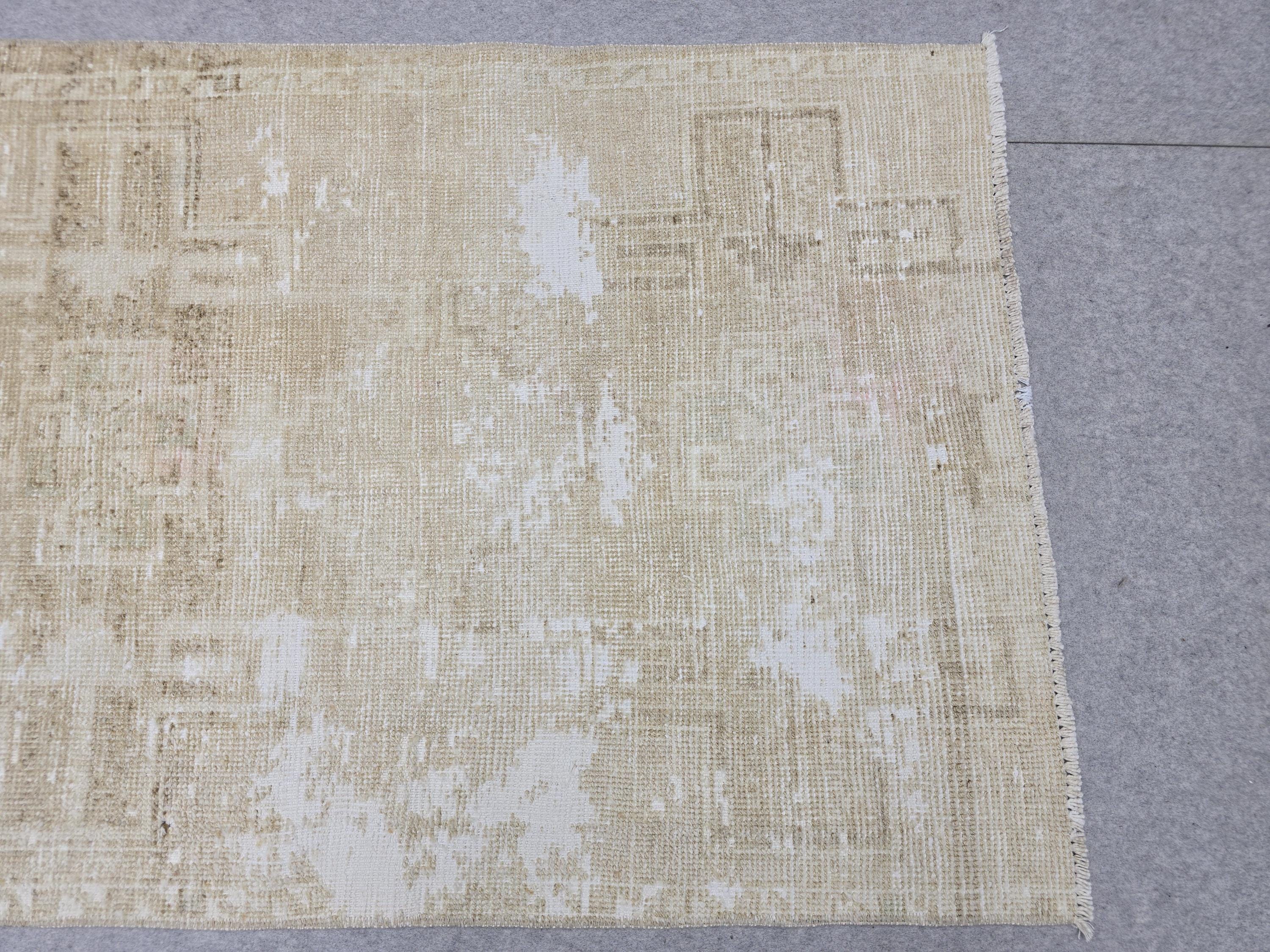 Vintage Rug 3x4, Small Distressed Neutral Rug, Hand Knotted Wool Oushak Accent Rug, Faded Beige Kitchen Mat, Boho Entryway Door Rug