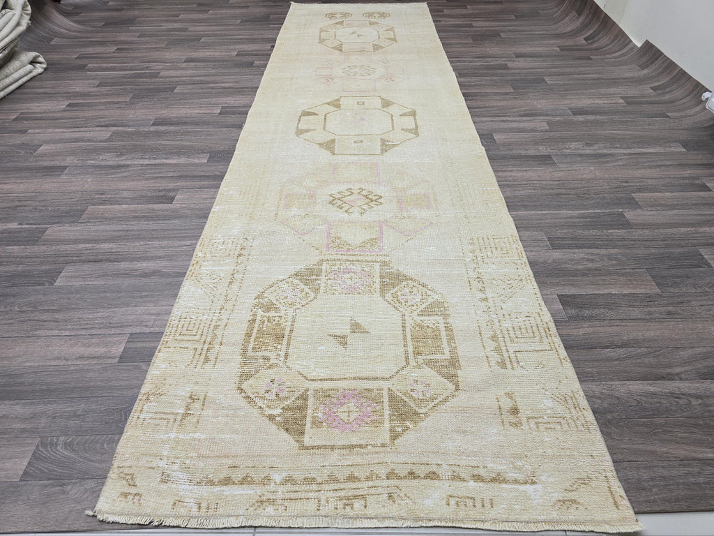Handwoven Oushak Runner Rug: 3.5x12.7 ft, Neutral Turkish Vintage Rug