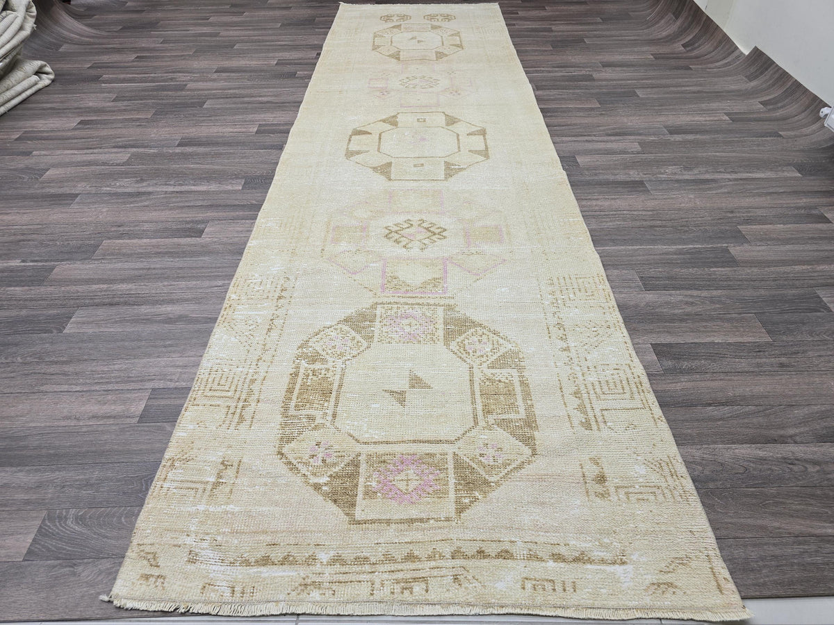Handwoven Oushak Runner Rug: 3.5x12.7 ft, Neutral Turkish Vintage Rug