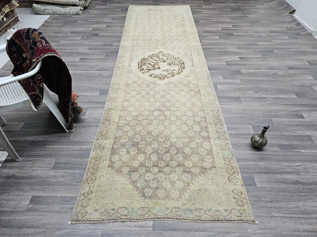 Hand Knotted Wool Oushak Runner: 4x13 Neutral Turkish Vintage Rug