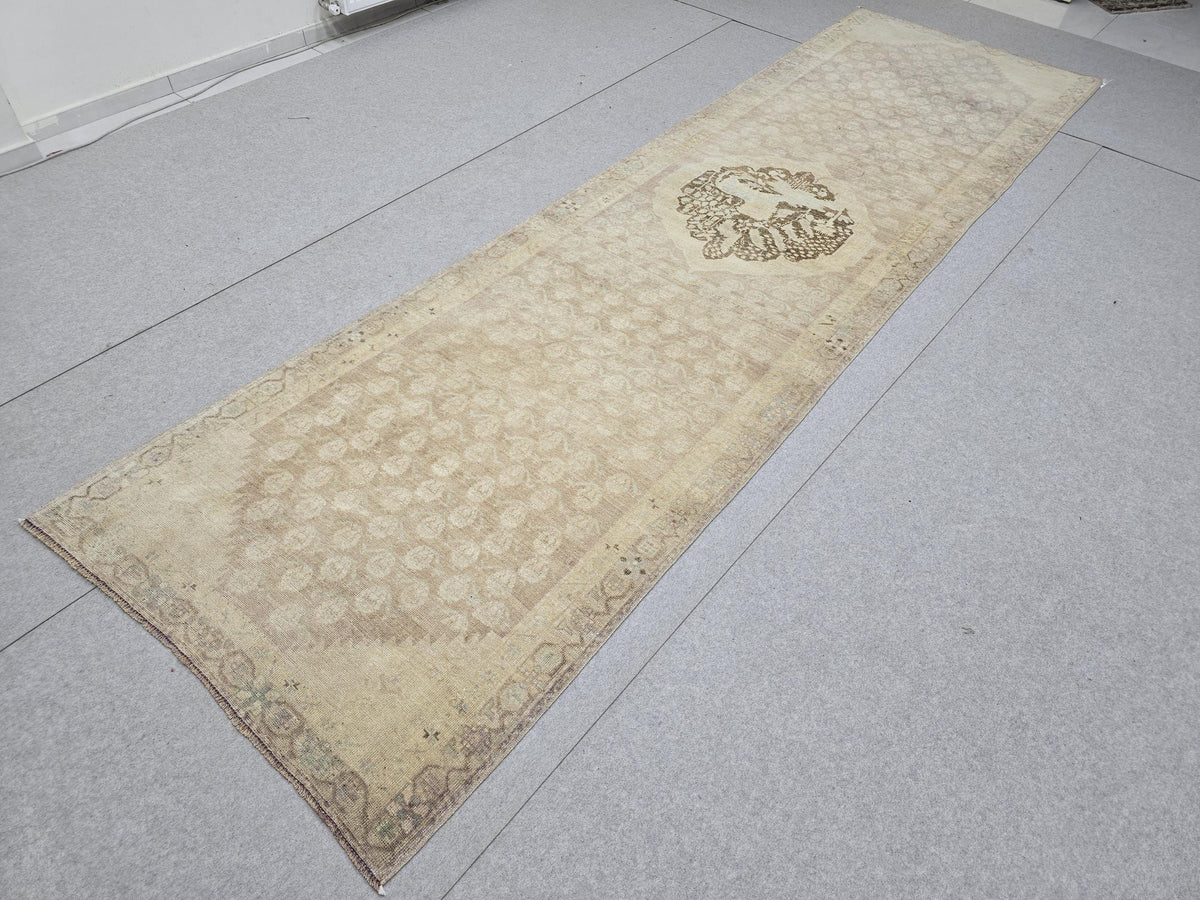 Turkish Rug 4x13, Neutral Runner Rug, Faded Hand Knotted Wool Oushak Runner, Muted Beige Lilac Hallway Rug, Vintage Boho Corridor Carpet