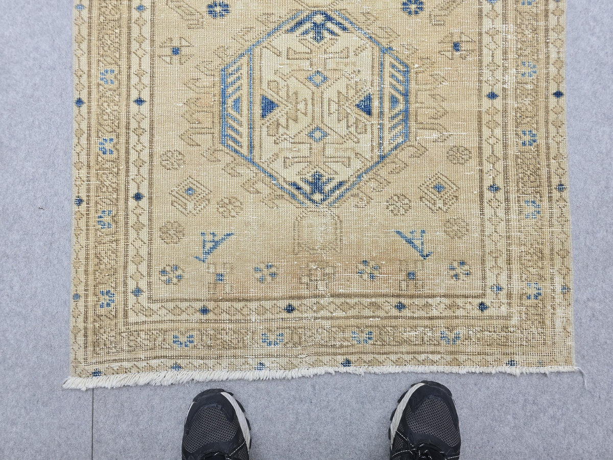 3x12 Turkish Runner Rug, Blue Beige Vintage Wool Hallway Runner, Faded Tribal Medallion Anatolian Corridor Rug, Boho Farmhouse Decor