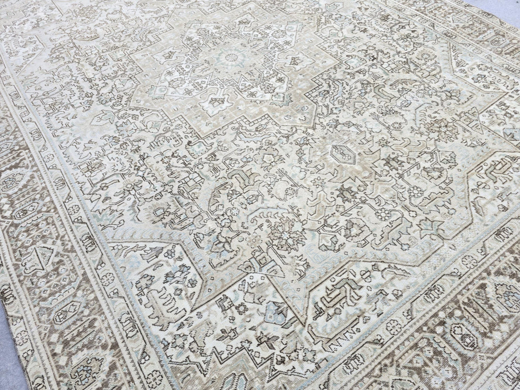 Oushak Rug 9x12:  High Quality Neutral Vintage Turkish Wool Area Rug 9.35x12.15 ft.