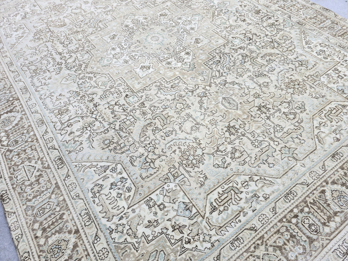 Oushak Rug 9x12:  High Quality Neutral Vintage Turkish Wool Area Rug 9.35x12.15 ft.