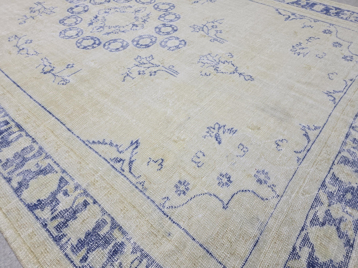 8x11 ft Hand-Knotted Turkish Oushak Rug: Neutral Wool Saloon Carpet Beige Blue