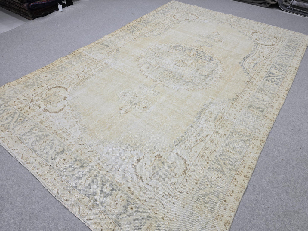 Oushak Rug 7x10, Beige Medallion Antique Turkish Carpet, Faded Muted Handknotted Wool Rug for Living Room Office