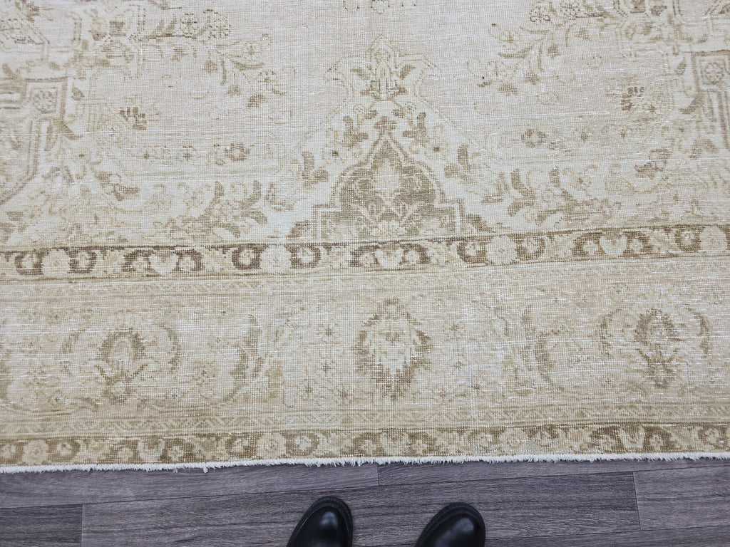 Vintage Turkish Oushak Rug: 9x12 Beige Wool Handmade Carpet