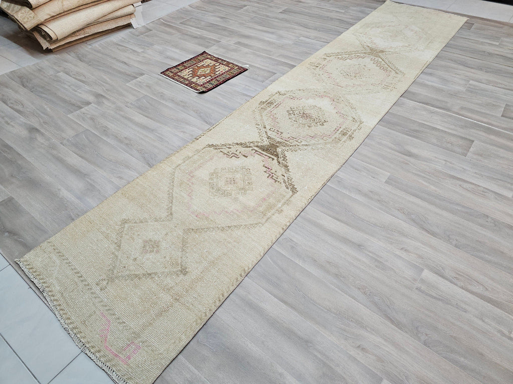 Hand Knotted Wool Turkish Runner Rug: Neutral Oushak Stair Runner (3x14 ft)