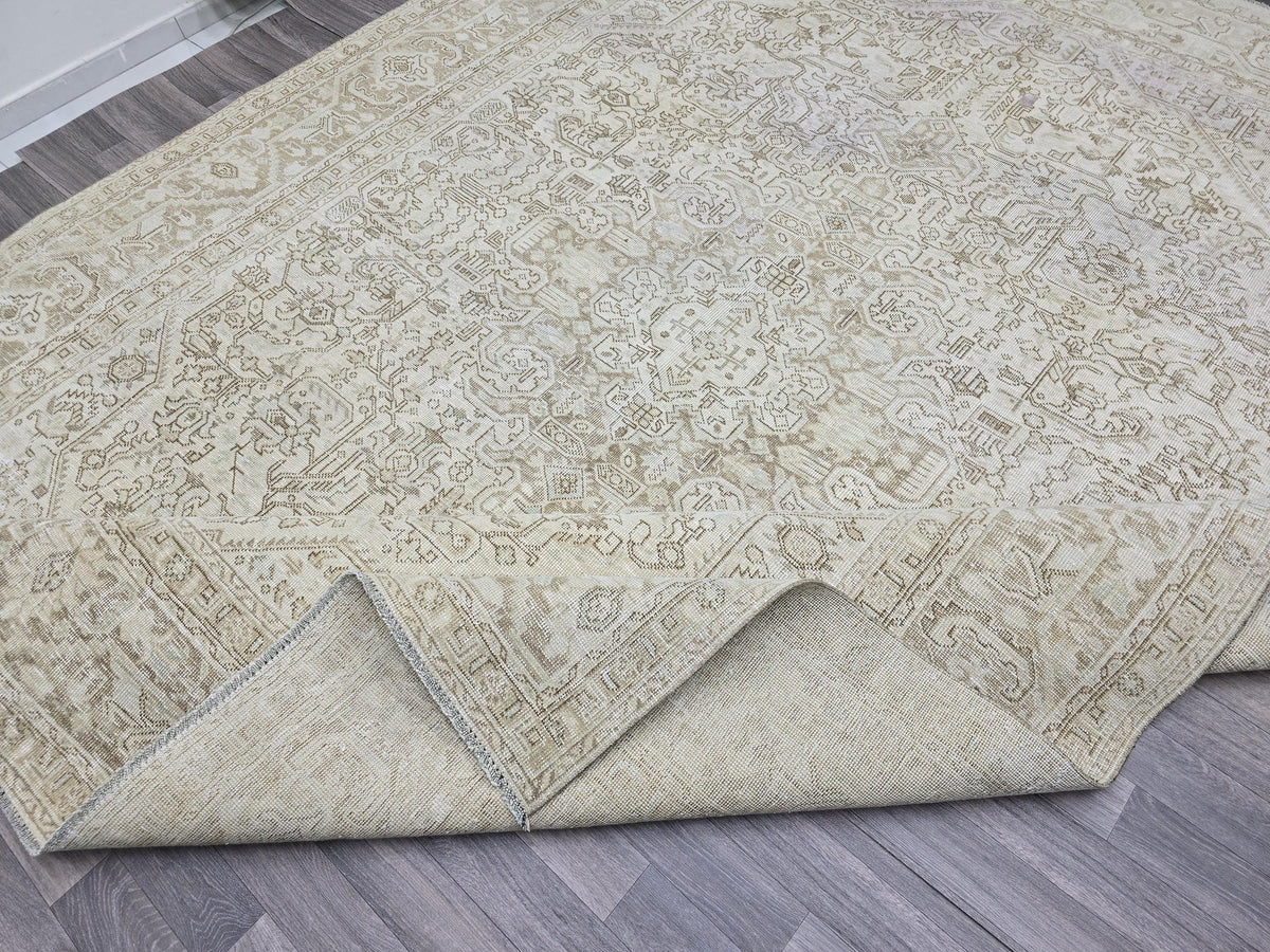 9x12 Oversize Vintage Area Rug/ Hand Knotted Wool Oushak Rug/ Beige Cream Turkish Rug/ Large Neutral Area Rug Geometric