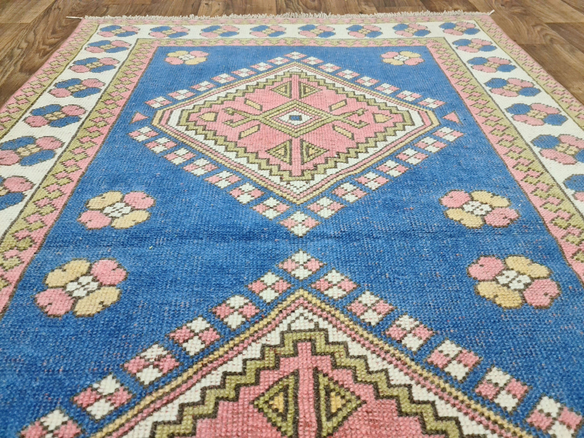 4x6 Small Turkish Rug: Small Vintage Geometric Blue Oushak (4.2x6.4 ft)