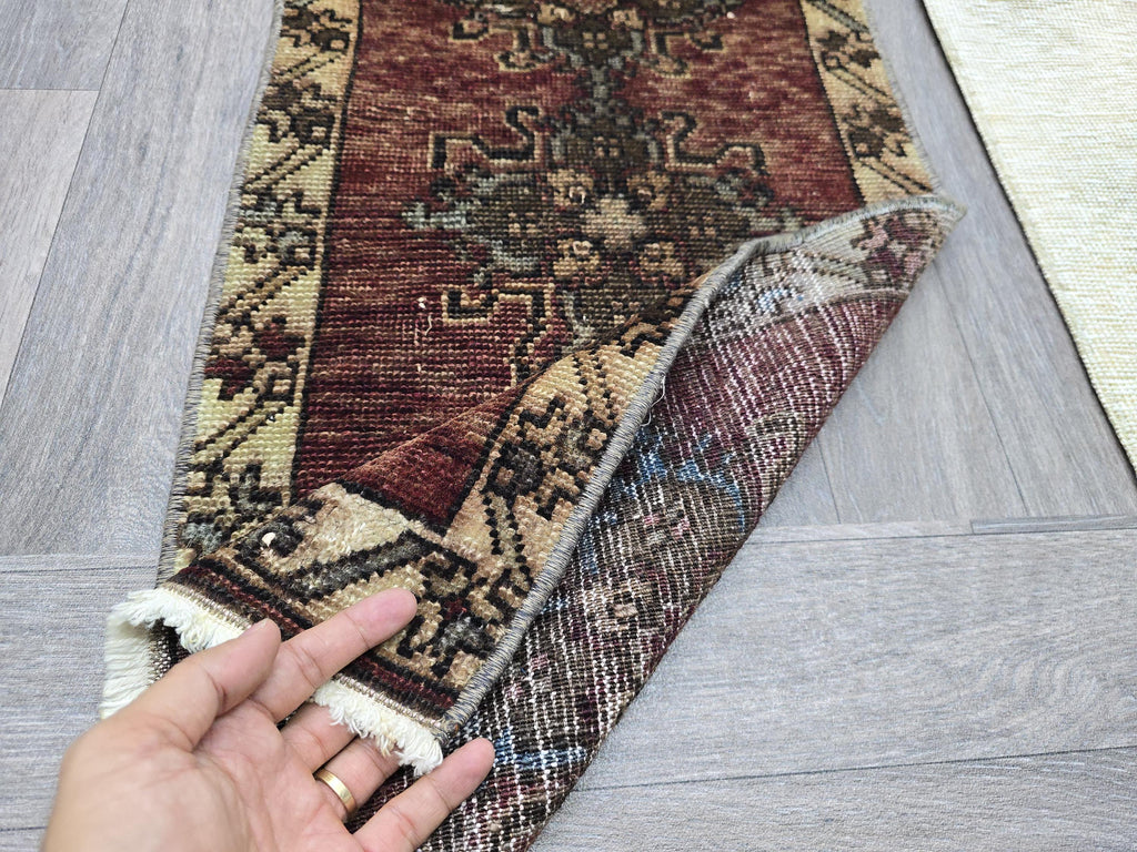 Vintage Turkish Wool Rug 2x3: Brown Beige Oushak Medallion Entry Mat