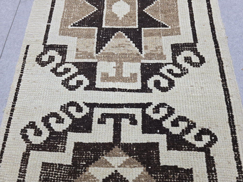 Vintage Anatolian Wool Runner, Hand-Knotted Tree of Life, Cream Brown Boho Hallway Rug