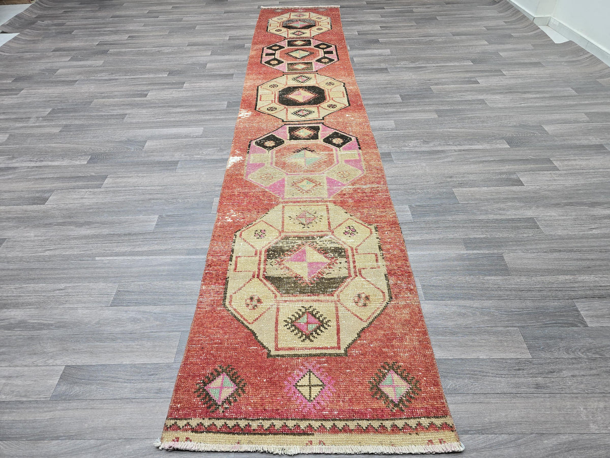 Vintage Turkish Runner Rug: Coral Oushak Medallion Hallway Carpet