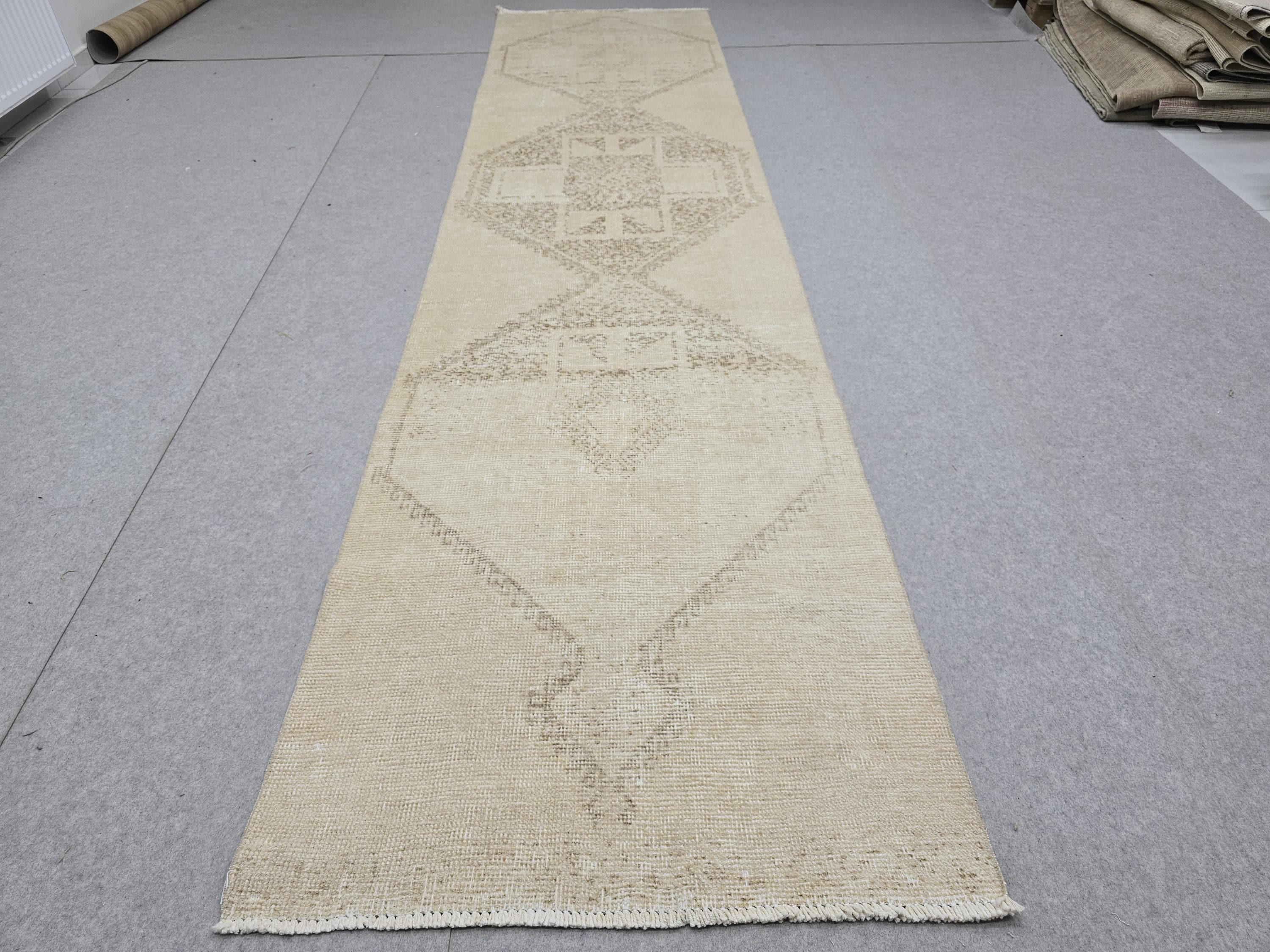 3x12 Turkish Runner - Vintage Oushak Runner Rug: 3x12.25 ft, Neutral Wool Carpet runner Rug