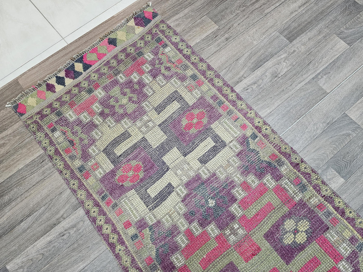 Vintage Herki Runner Rug: Hand-Knotted Turkish Wool Hallway Rug (2.7 X 13.45 ft)