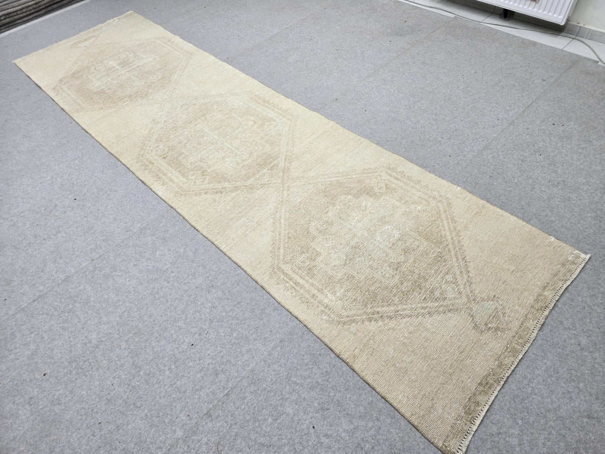 Vintage Runner Rug 3.5x12, Extra Long Sand Beige Hallway Runner, Muted Wool Corridor Rug, Neutral Stair Runner for Living Room Decor