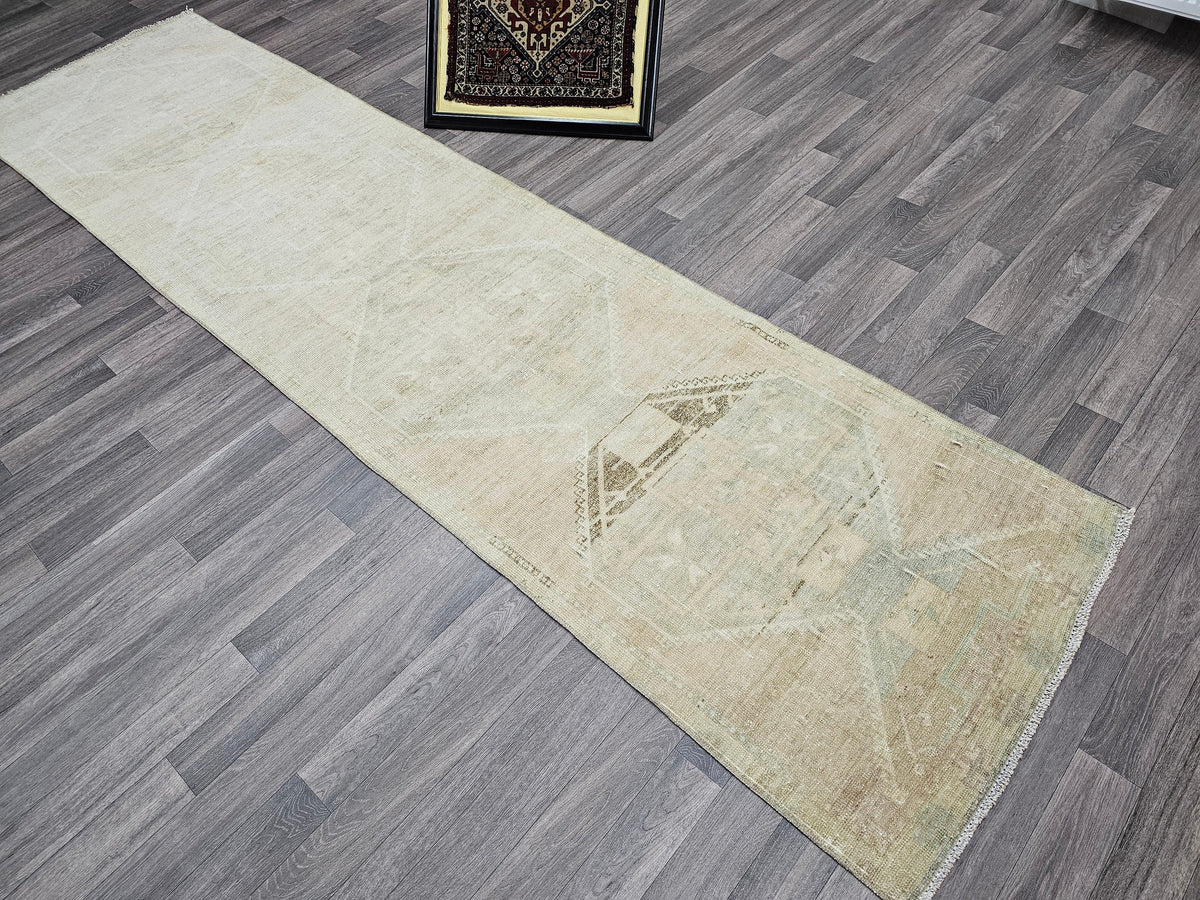 Vintage Turkish Oushak Wool Runner: Beige Brown Distressed Hallway Rug (3x11.6 ft)