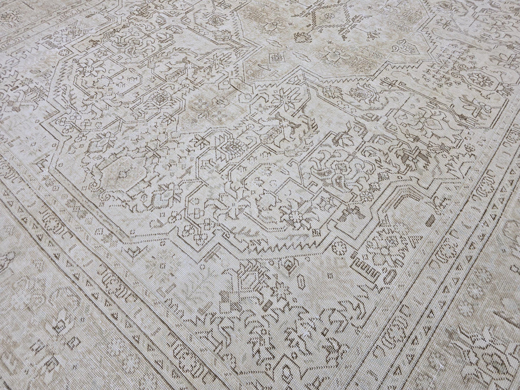 Turkish Rug 10x13, Neutral Beige Vintage Handknotted Wool Carpet, Faded Medallion Area Rug for Dining Room