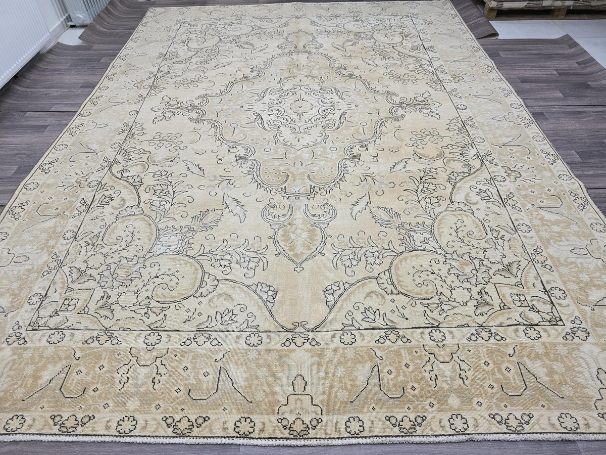 9x12 Oversized Vintage Oushak Rug: Distressed Tan Wool Medallion