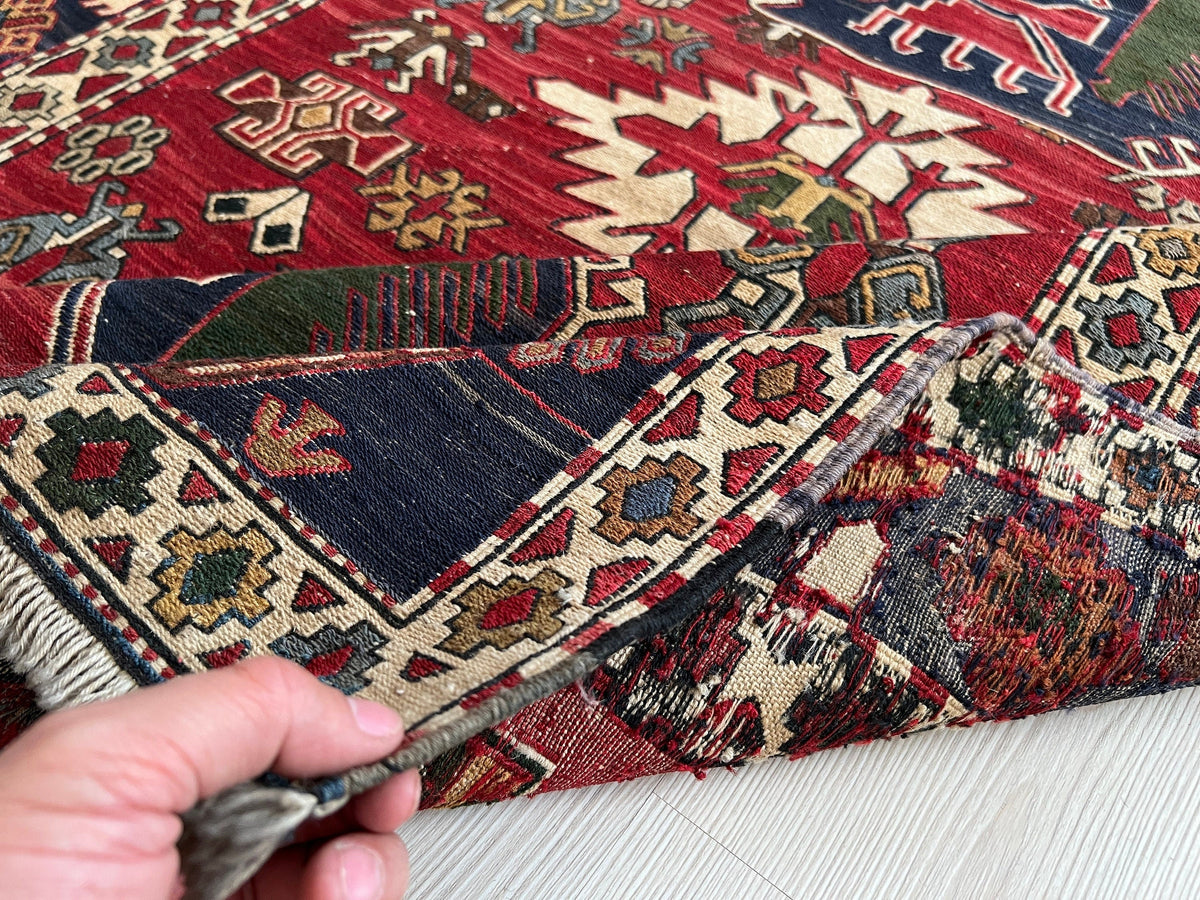 Vintage Anatolian Soumak Wool Rug: 4x5 Tribal Entryway Carpet