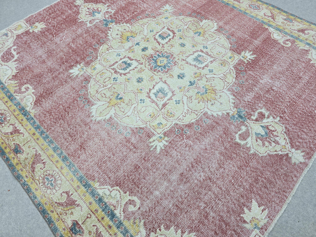 Turkish Rug 7x7, Vintage Pink Medallion Area Rug, Square Hand Knotted Wool Carpet for Living Room, Faded Rose Oushak Style