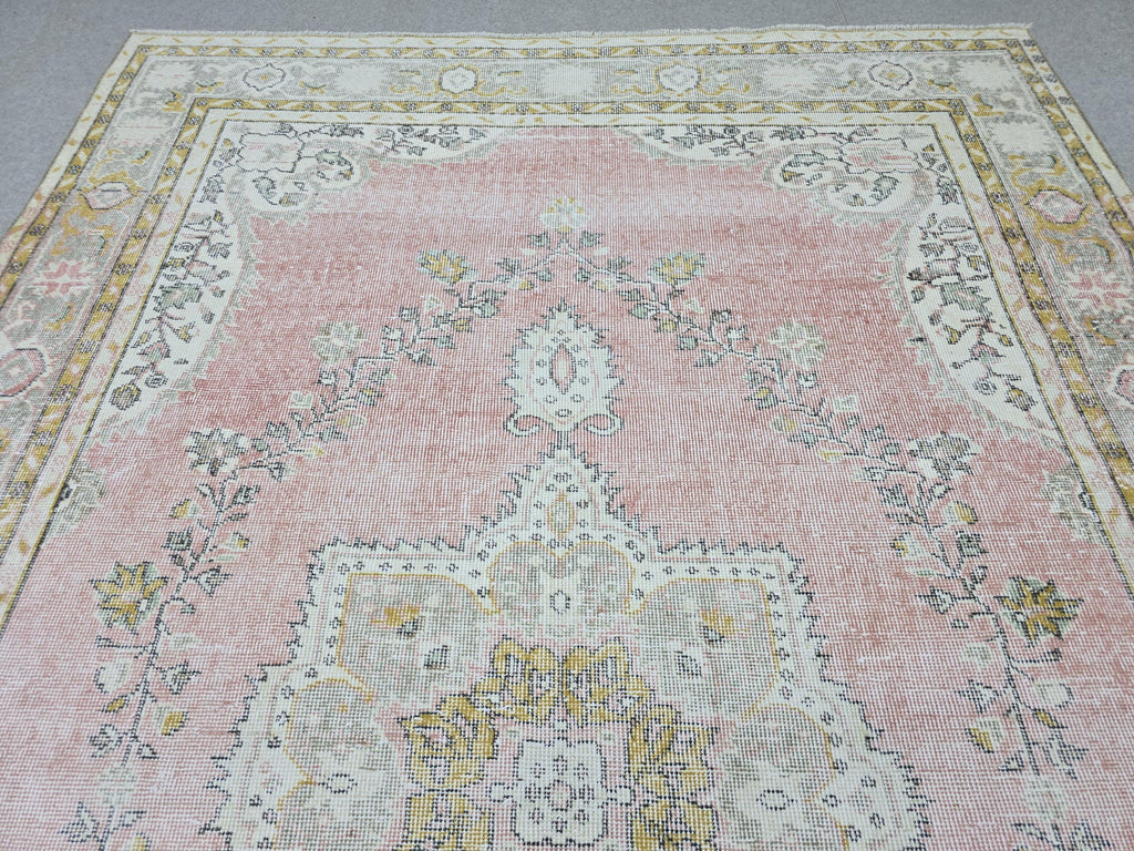 Muted Pink Vintage Oushak Rug 6'5"x9'8" | Neutral Turkish Area Rug Faded Boho Living Room
